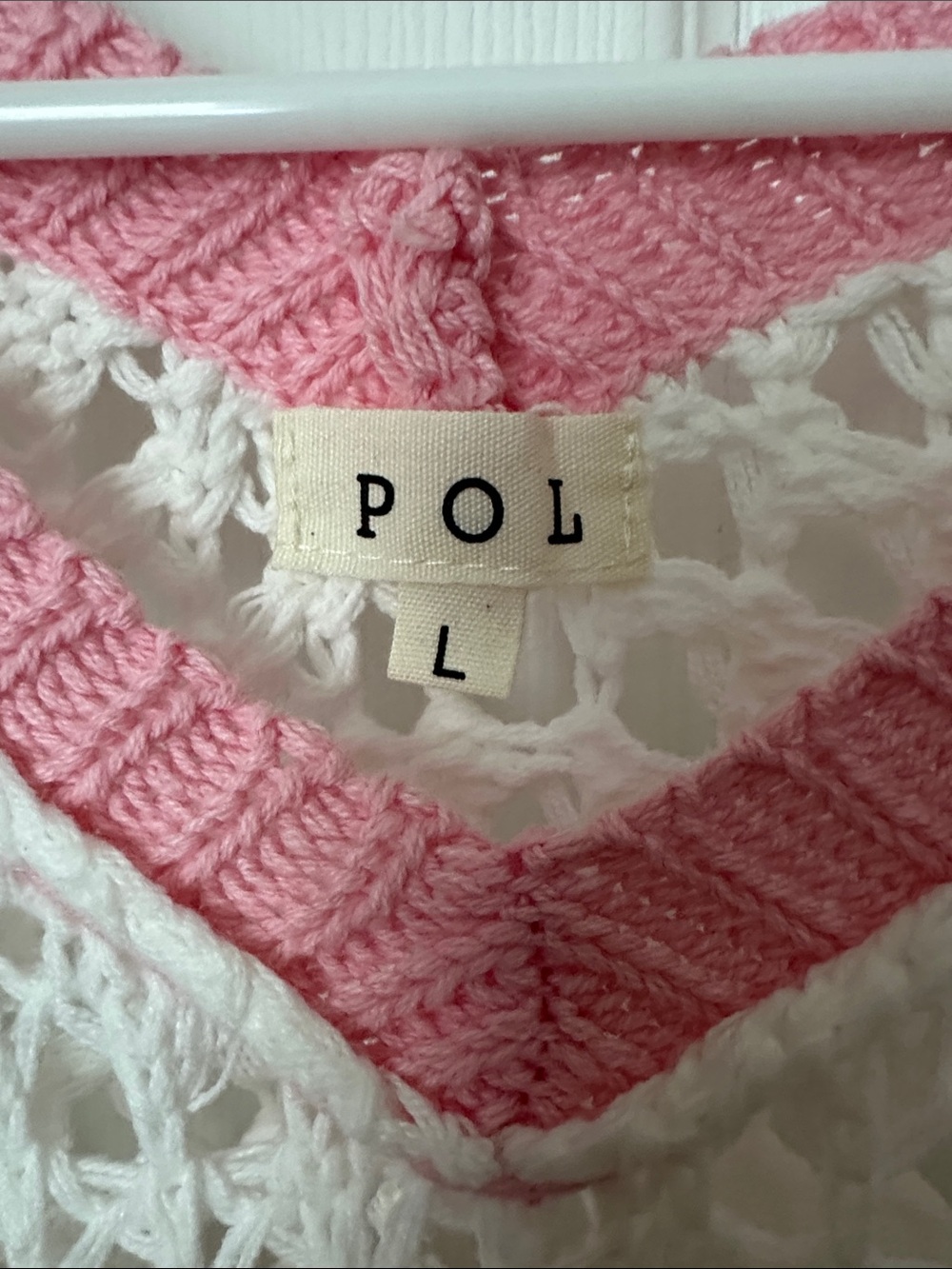 POL White Open-Knit Poncho Top with Pink Trim and Peace Motif - Picture 3 of 5